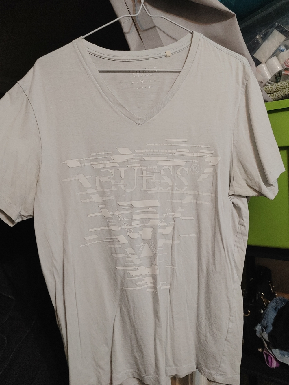 Guess Men's White V-Neck Logo Tee
